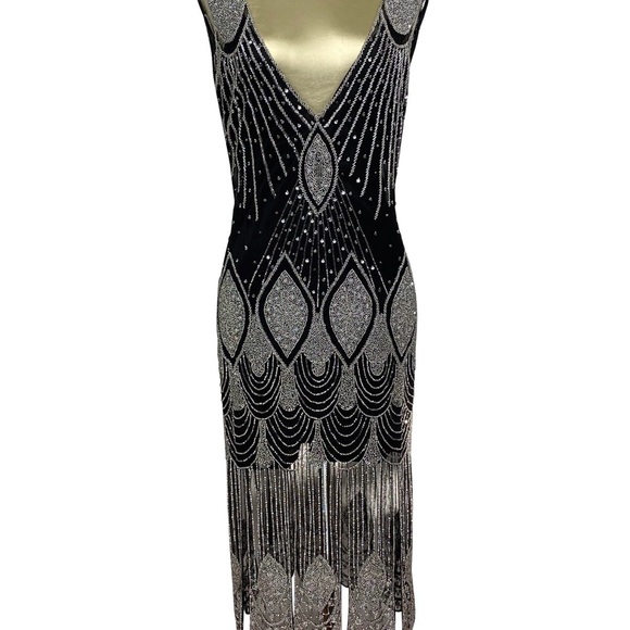 1920's Flapper Carwash Hem Beaded Party Dress - The Starlet - Ultra Low - Black Gold main image 1